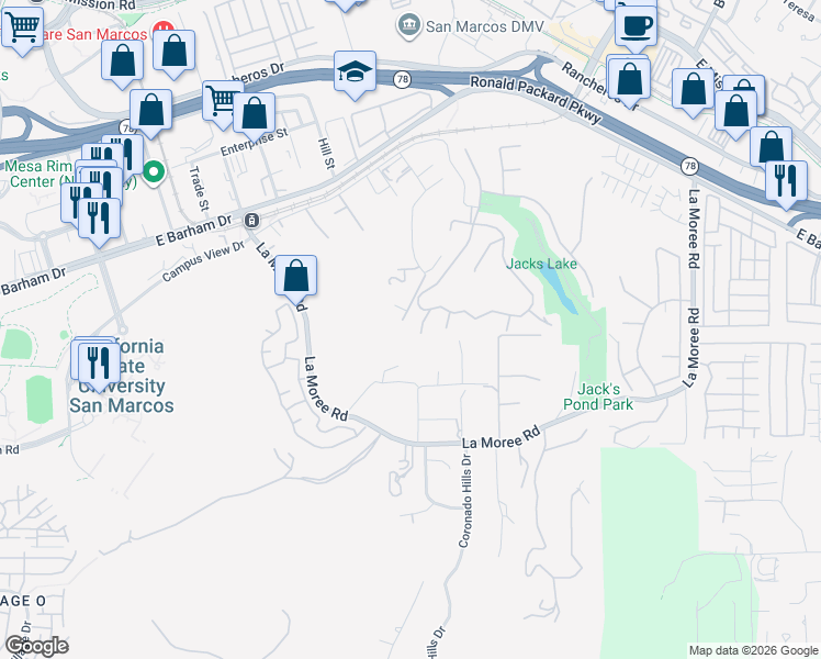 map of restaurants, bars, coffee shops, grocery stores, and more near 457 Silver Shadow Drive in San Marcos