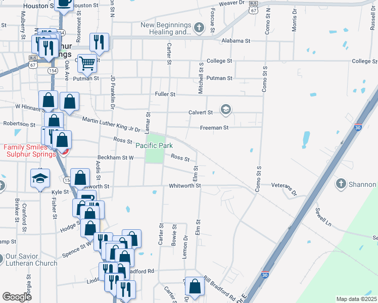 map of restaurants, bars, coffee shops, grocery stores, and more near 416 Ross Street in Sulphur Springs