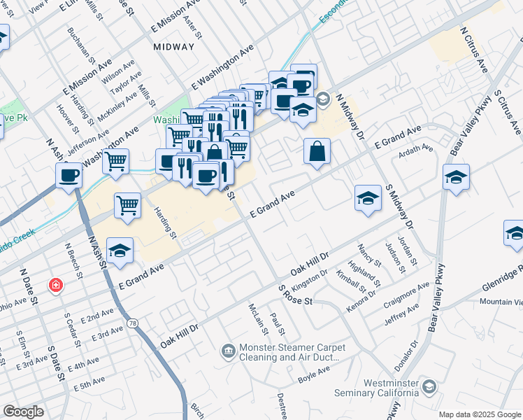map of restaurants, bars, coffee shops, grocery stores, and more near 1625 East Grand Avenue in Escondido