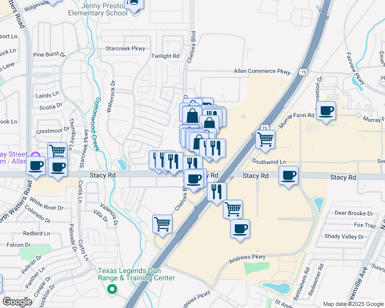 map of restaurants, bars, coffee shops, grocery stores, and more near 820 Stacy Road in Allen