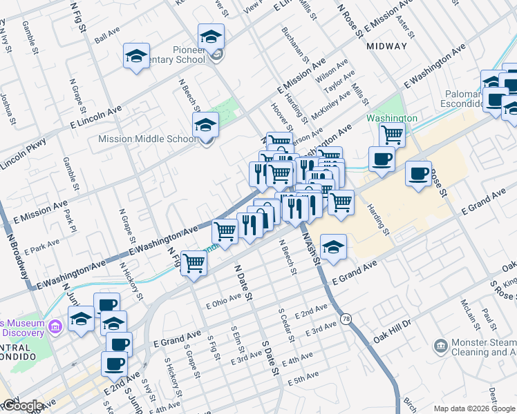 map of restaurants, bars, coffee shops, grocery stores, and more near 1115 East Washington Avenue in Escondido