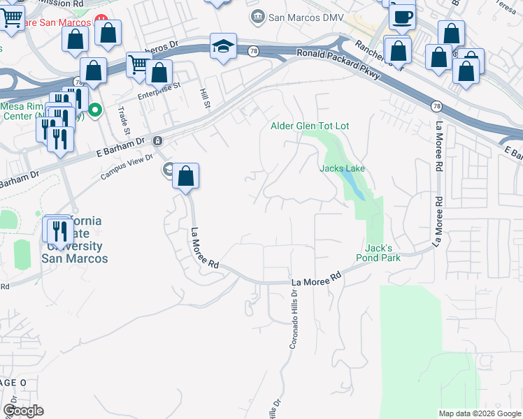 map of restaurants, bars, coffee shops, grocery stores, and more near 457 Silver Shadow Drive in San Marcos