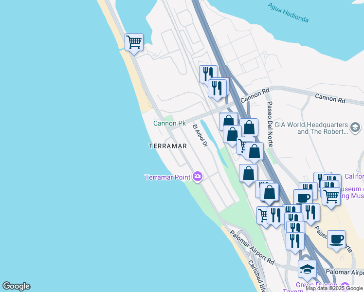 map of restaurants, bars, coffee shops, grocery stores, and more near 5170 Carlsbad Boulevard in Carlsbad