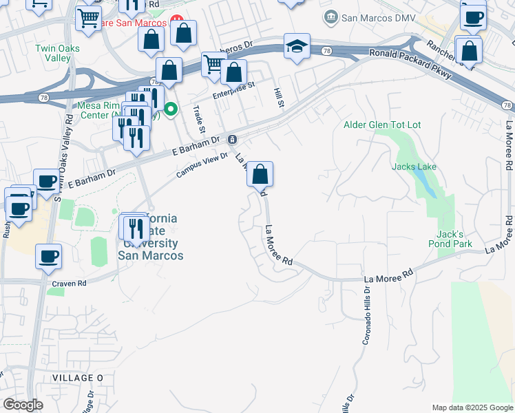 map of restaurants, bars, coffee shops, grocery stores, and more near 491 Camino Verde in San Marcos