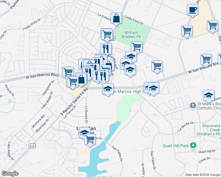 map of restaurants, bars, coffee shops, grocery stores, and more near 1601 West San Marcos Boulevard in San Marcos