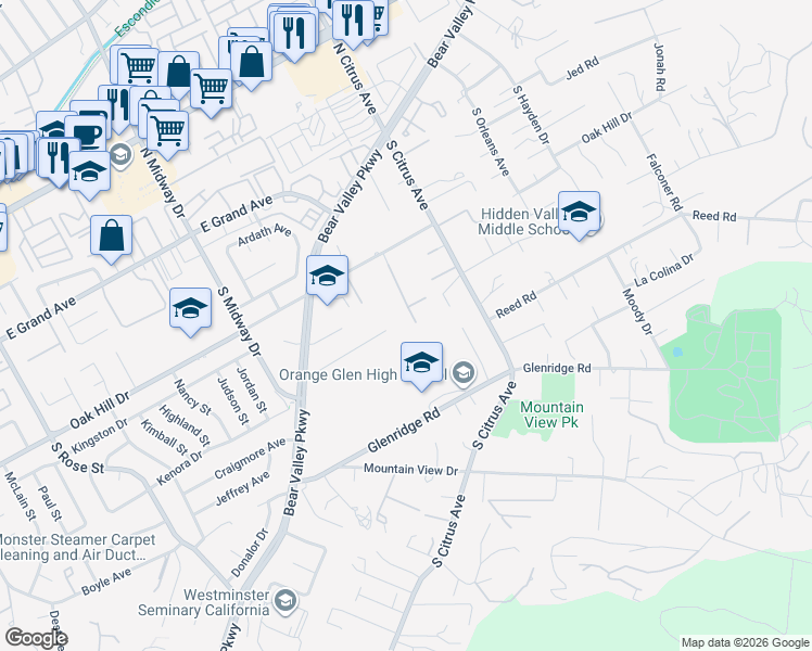 map of restaurants, bars, coffee shops, grocery stores, and more near 619 Momar Lane in Escondido