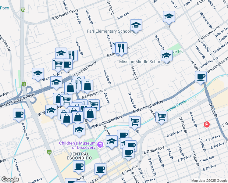 map of restaurants, bars, coffee shops, grocery stores, and more near 801 Gamble Street in Escondido