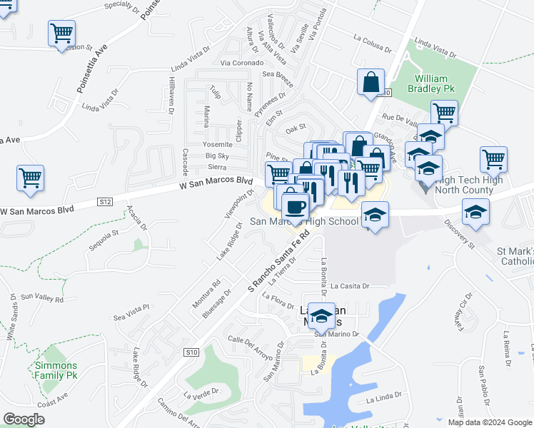map of restaurants, bars, coffee shops, grocery stores, and more near 834 South Rancho Santa Fe Road in San Marcos