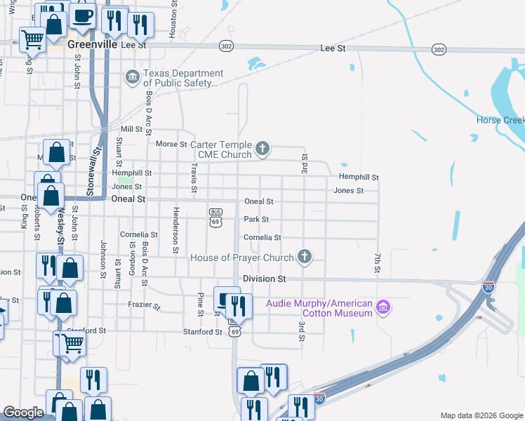map of restaurants, bars, coffee shops, grocery stores, and more near 1402 Oneal Street in Greenville