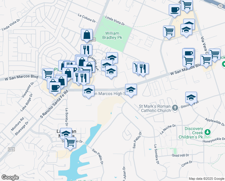 map of restaurants, bars, coffee shops, grocery stores, and more near West San Marcos Boulevard & Discovery Street in San Marcos