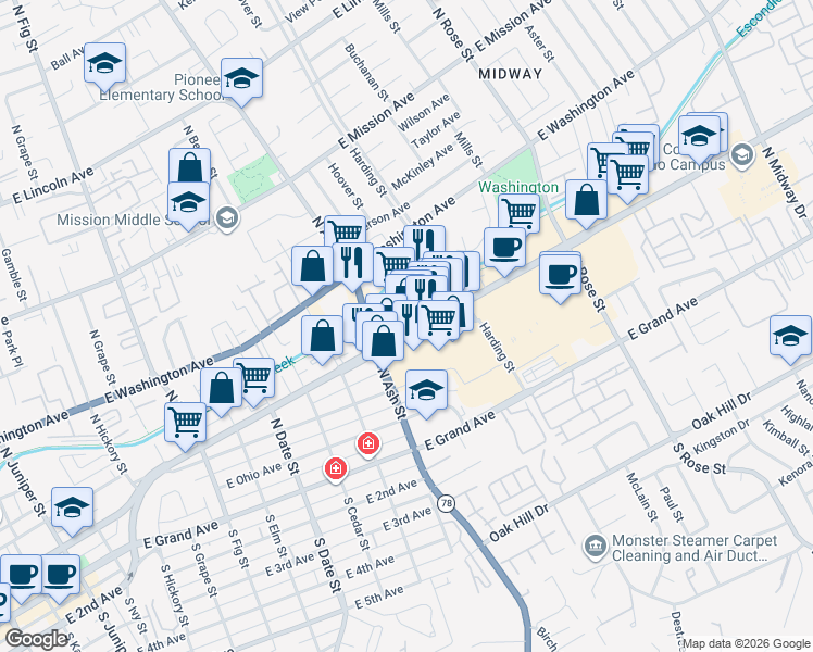 map of restaurants, bars, coffee shops, grocery stores, and more near 1300 E Valley Pkwy in Escondido