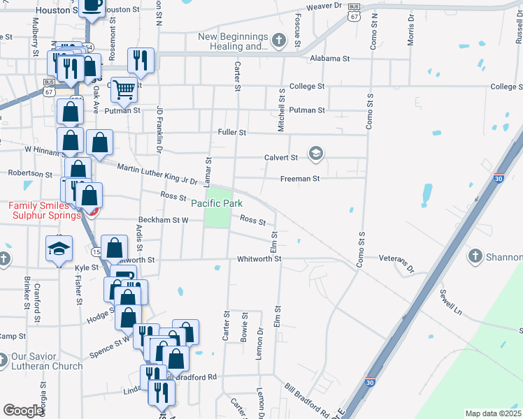 map of restaurants, bars, coffee shops, grocery stores, and more near 409 Martin Luther King Junior Drive in Sulphur Springs