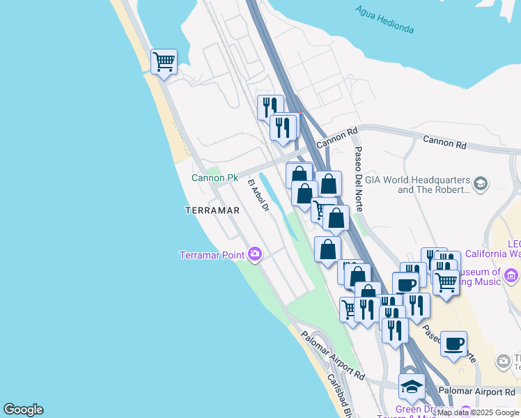 map of restaurants, bars, coffee shops, grocery stores, and more near 5239 El Arbol Drive in Carlsbad