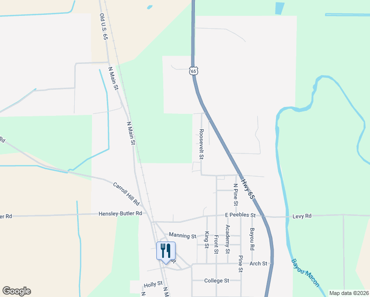 map of restaurants, bars, coffee shops, grocery stores, and more near 2214 Roosevelt Street in Eudora