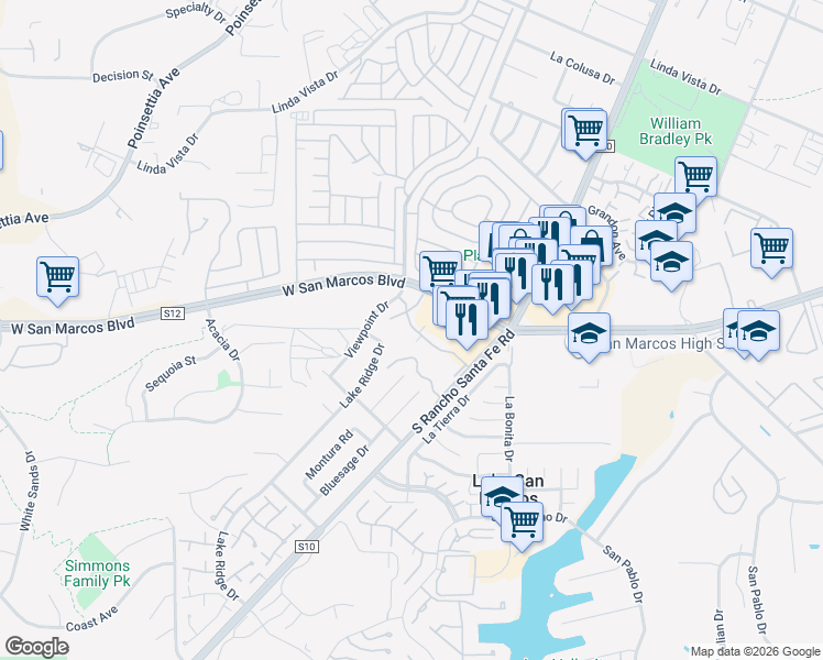 map of restaurants, bars, coffee shops, grocery stores, and more near 834 South Rancho Santa Fe Road in San Marcos