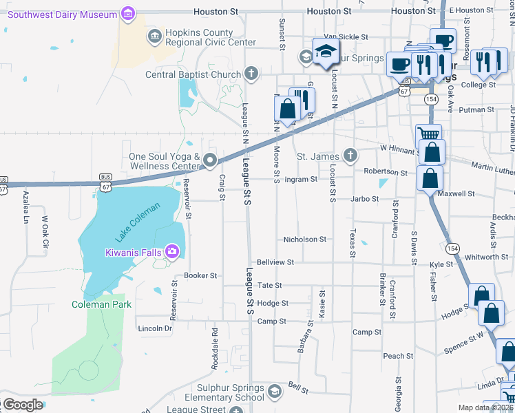 map of restaurants, bars, coffee shops, grocery stores, and more near 210 League Street South in Sulphur Springs