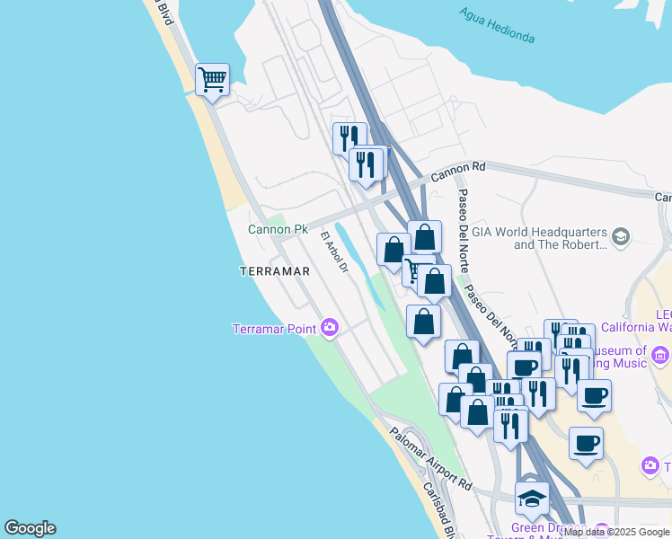 map of restaurants, bars, coffee shops, grocery stores, and more near 5239 El Arbol Drive in Carlsbad