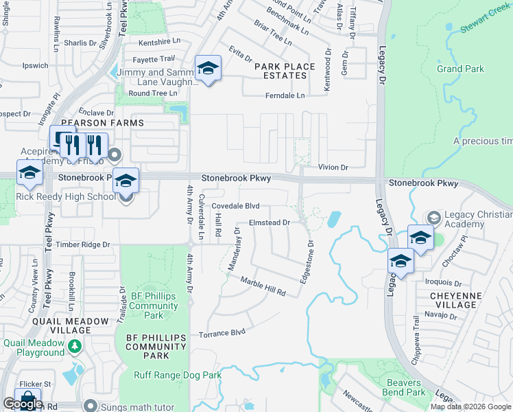 map of restaurants, bars, coffee shops, grocery stores, and more near 3777 Idlebrook Drive in Frisco
