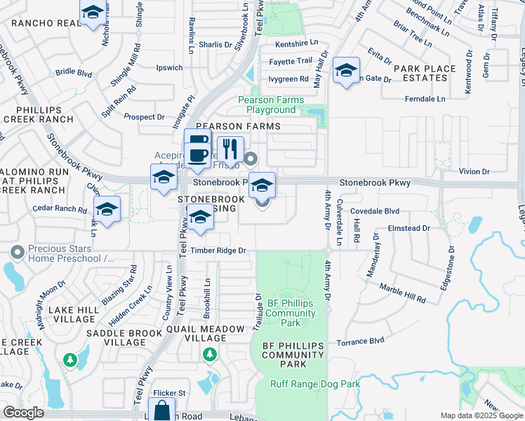 map of restaurants, bars, coffee shops, grocery stores, and more near 3003 Stonebrook Parkway in Frisco