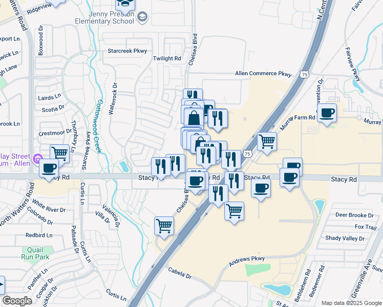 map of restaurants, bars, coffee shops, grocery stores, and more near 820 Stacy Road in Allen
