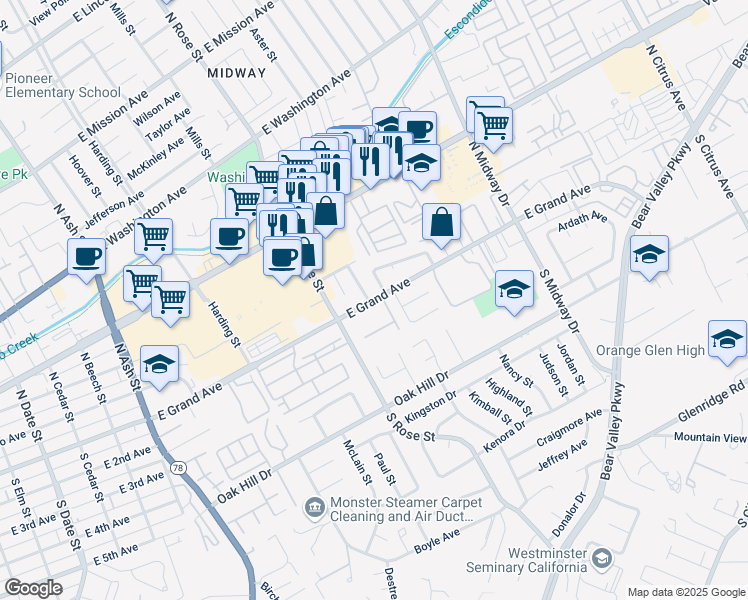 map of restaurants, bars, coffee shops, grocery stores, and more near 1649 East Grand Avenue in Escondido