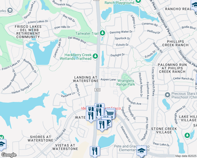 map of restaurants, bars, coffee shops, grocery stores, and more near 6200 Farm to Market Road 423 in Frisco