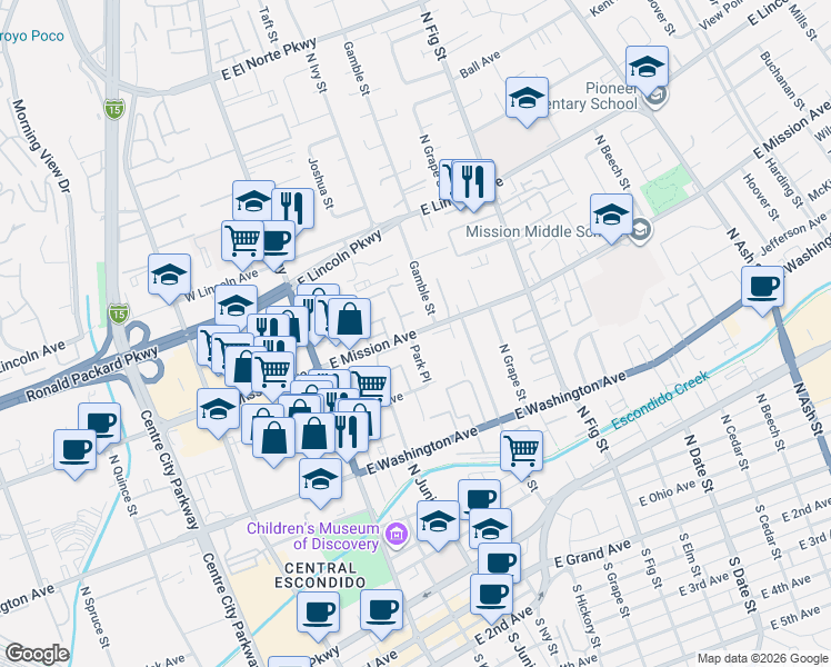 map of restaurants, bars, coffee shops, grocery stores, and more near 801 Gamble Street in Escondido