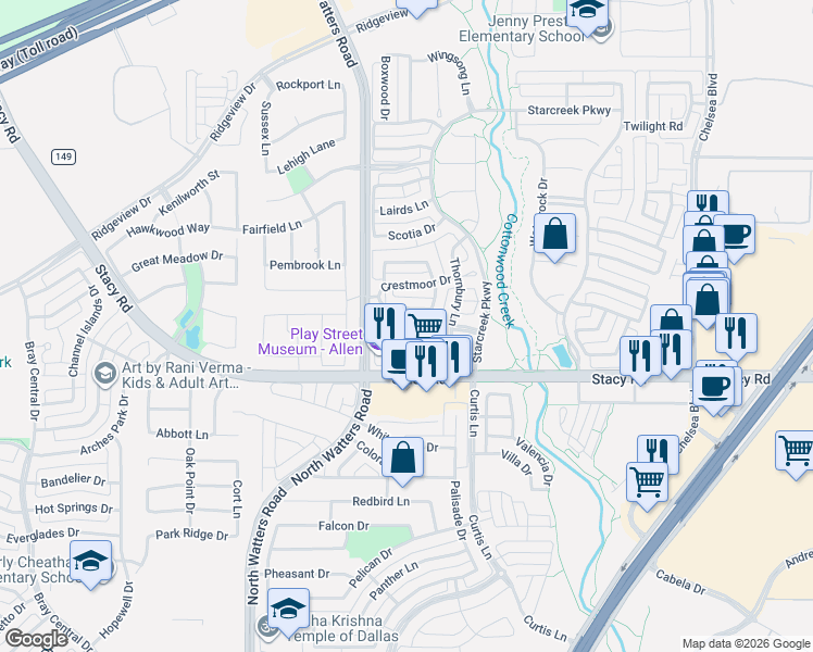 map of restaurants, bars, coffee shops, grocery stores, and more near 933 Rosemoor Drive in Allen
