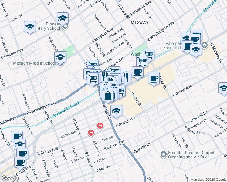map of restaurants, bars, coffee shops, grocery stores, and more near 1300 East Valley Parkway in Escondido
