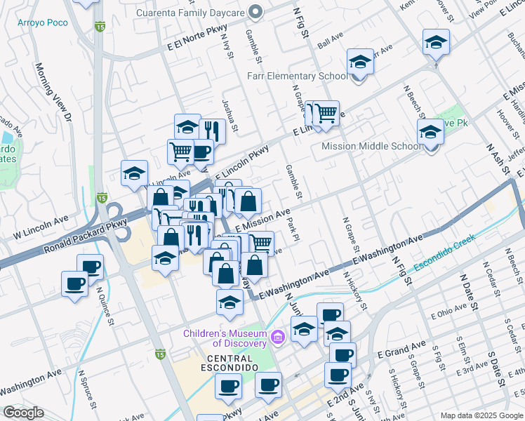 map of restaurants, bars, coffee shops, grocery stores, and more near 810 North Juniper Street in Escondido