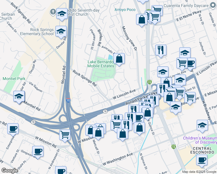 map of restaurants, bars, coffee shops, grocery stores, and more near 830 West Lincoln Avenue in Escondido