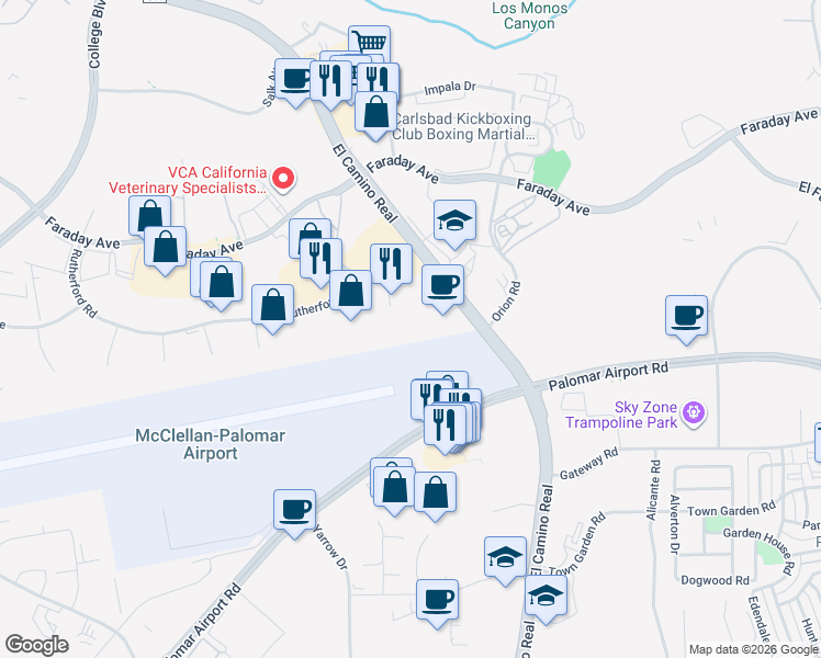 map of restaurants, bars, coffee shops, grocery stores, and more near 5964 La Place Court in Carlsbad