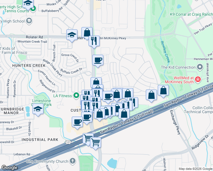 map of restaurants, bars, coffee shops, grocery stores, and more near 7201 Custer Road in McKinney