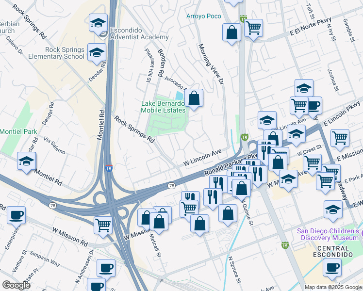 map of restaurants, bars, coffee shops, grocery stores, and more near 830 West Lincoln Avenue in Escondido