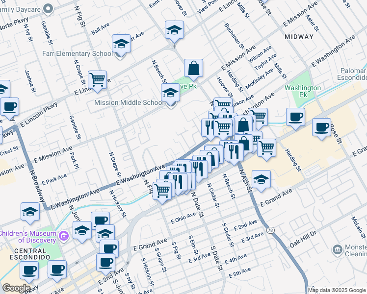 map of restaurants, bars, coffee shops, grocery stores, and more near 1010 East Washington Avenue in Escondido