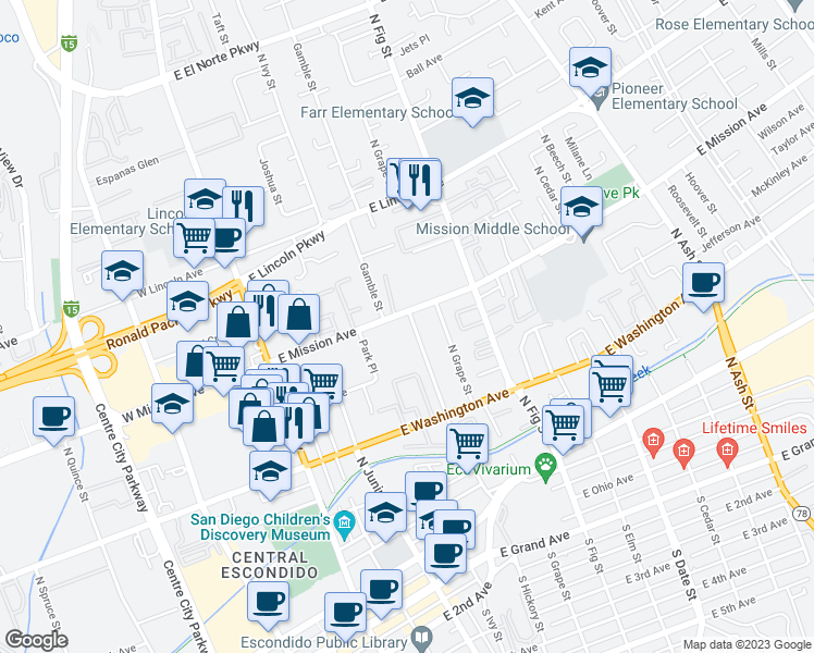 map of restaurants, bars, coffee shops, grocery stores, and more near 743 North Hickory Street in Escondido