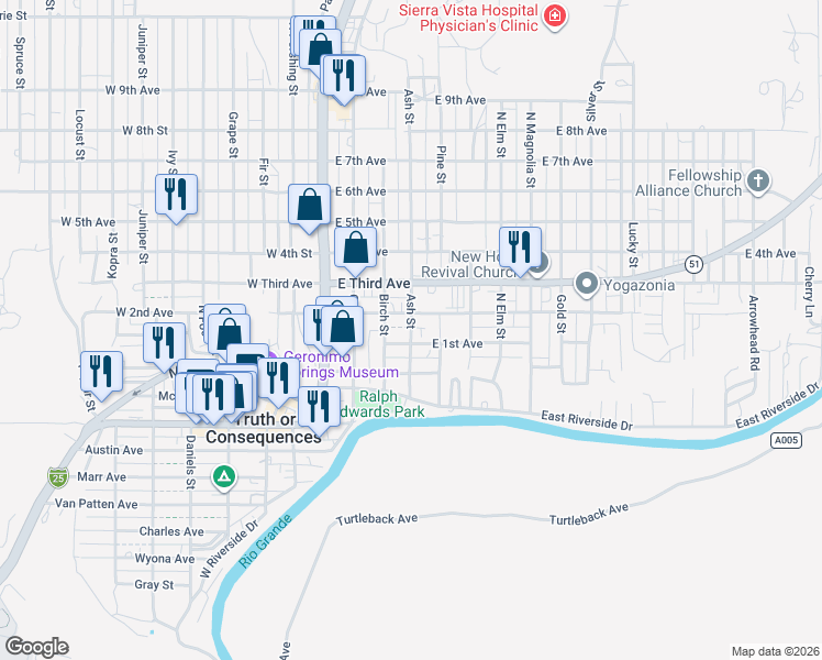 map of restaurants, bars, coffee shops, grocery stores, and more near 401-499 E 2nd Ave in Truth or Consequences