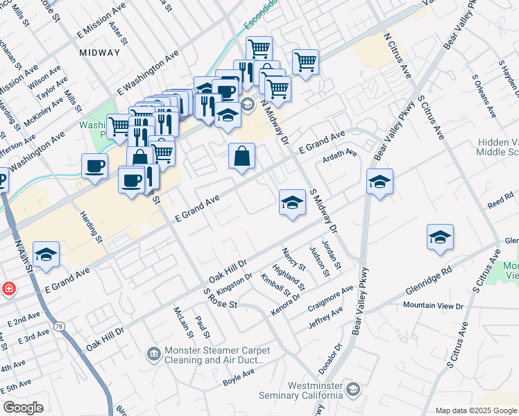 map of restaurants, bars, coffee shops, grocery stores, and more near 1811 East Grand Avenue in Escondido