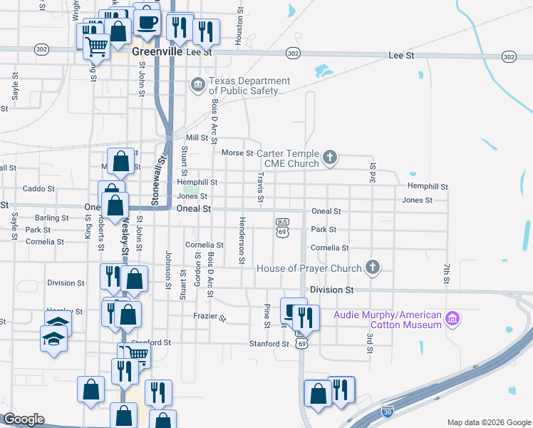 map of restaurants, bars, coffee shops, grocery stores, and more near 1715 Oneal Street in Greenville