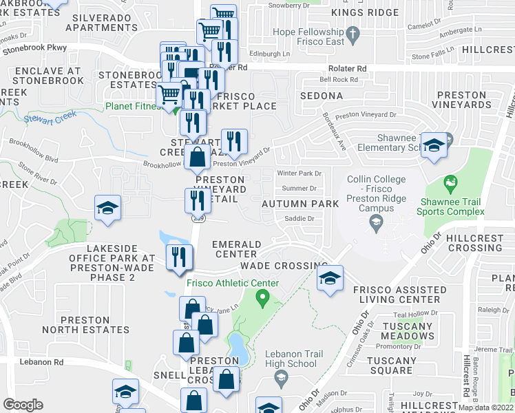 map of restaurants, bars, coffee shops, grocery stores, and more near 9400 Wade Boulevard in Frisco