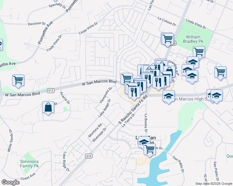 map of restaurants, bars, coffee shops, grocery stores, and more near 830 South Rancho Santa Fe Road in San Marcos