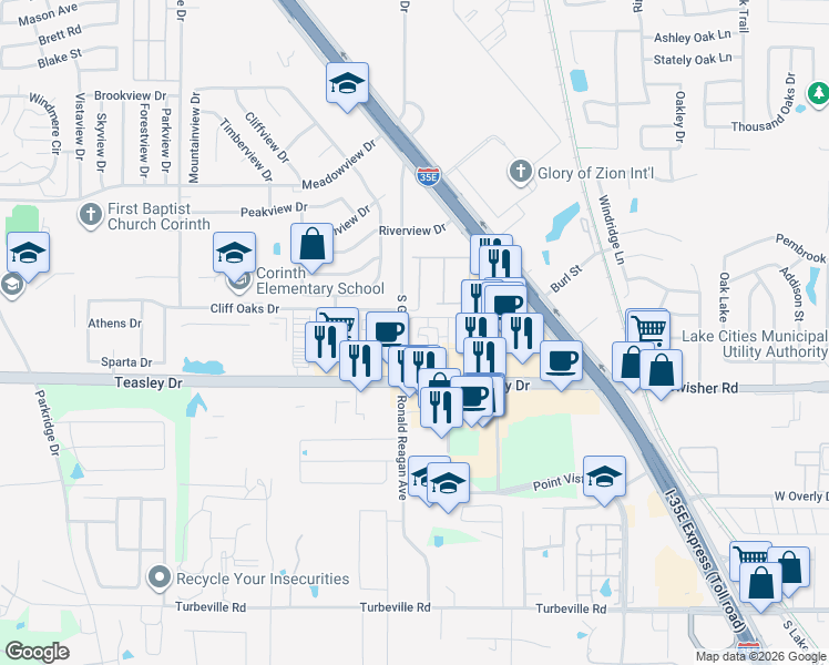 map of restaurants, bars, coffee shops, grocery stores, and more near 3300 South Garrison Road in Corinth