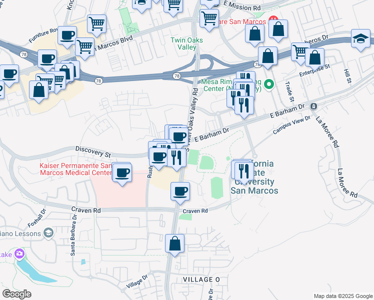 map of restaurants, bars, coffee shops, grocery stores, and more near 333 South Twin Oaks Valley Road in San Marcos