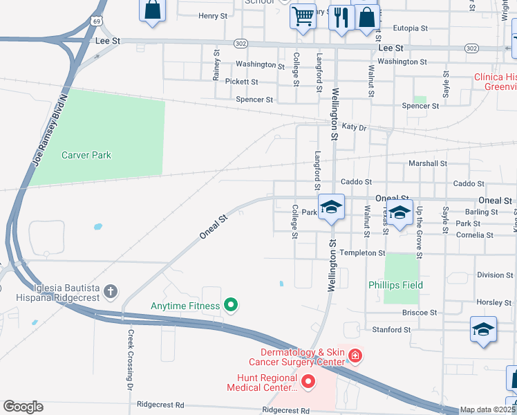 map of restaurants, bars, coffee shops, grocery stores, and more near 4413 Oneal Street in Greenville
