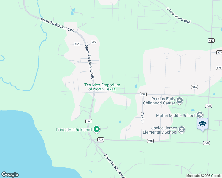 map of restaurants, bars, coffee shops, grocery stores, and more near 7958 County Road 392 in Princeton
