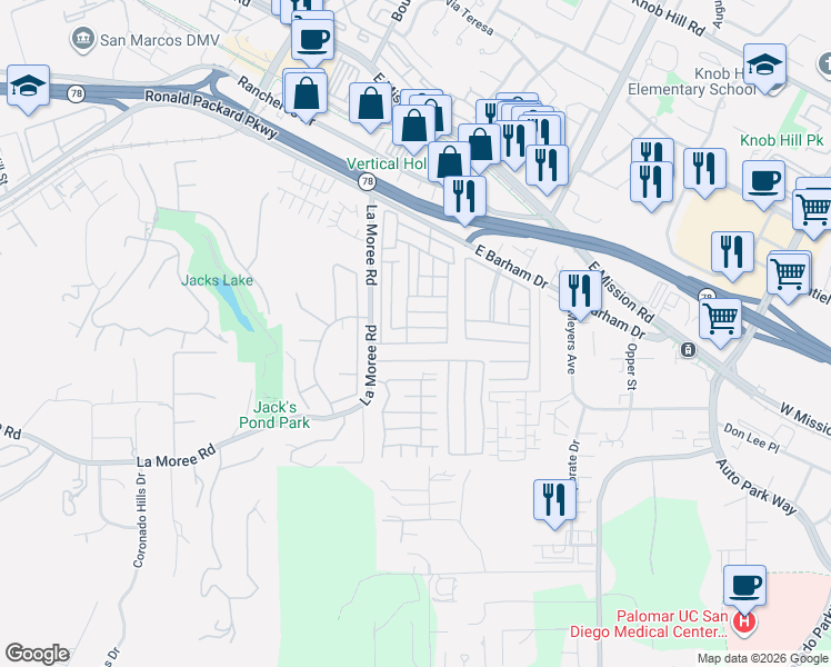 map of restaurants, bars, coffee shops, grocery stores, and more near 177 Cl Pacifica in San Marcos