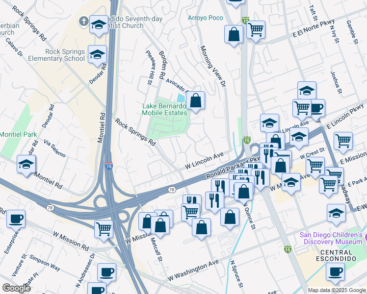 map of restaurants, bars, coffee shops, grocery stores, and more near 830 West Lincoln Avenue in Escondido