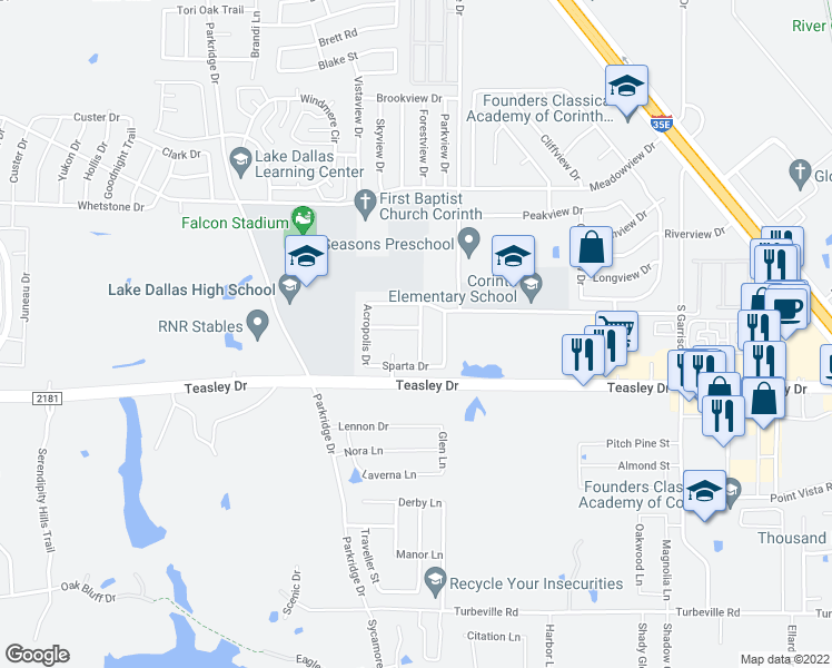 map of restaurants, bars, coffee shops, grocery stores, and more near 3306 Athens Drive in Denton