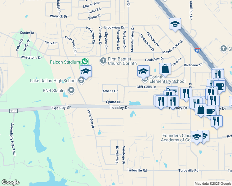 map of restaurants, bars, coffee shops, grocery stores, and more near 3306 Athens Drive in Corinth
