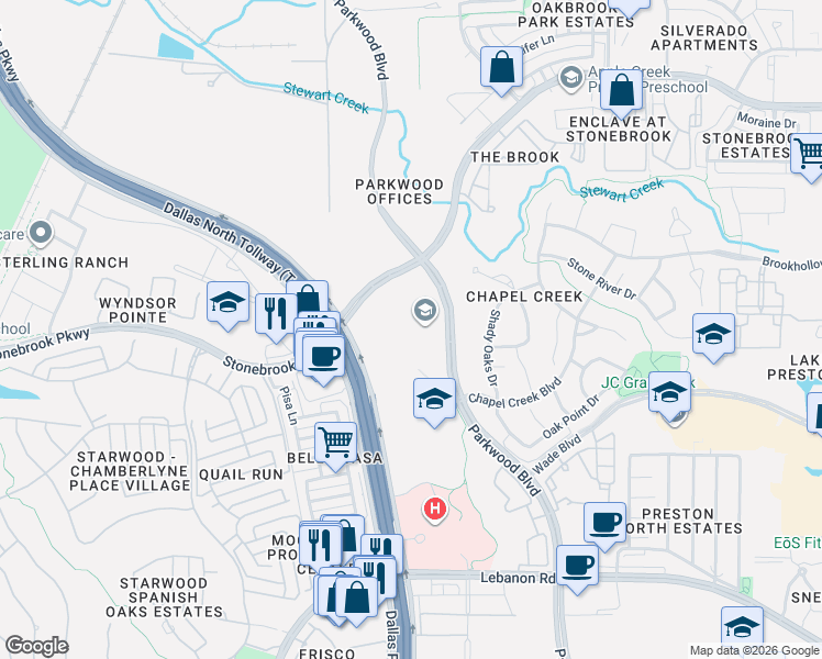 map of restaurants, bars, coffee shops, grocery stores, and more near 6401 Parkwood Boulevard in Frisco